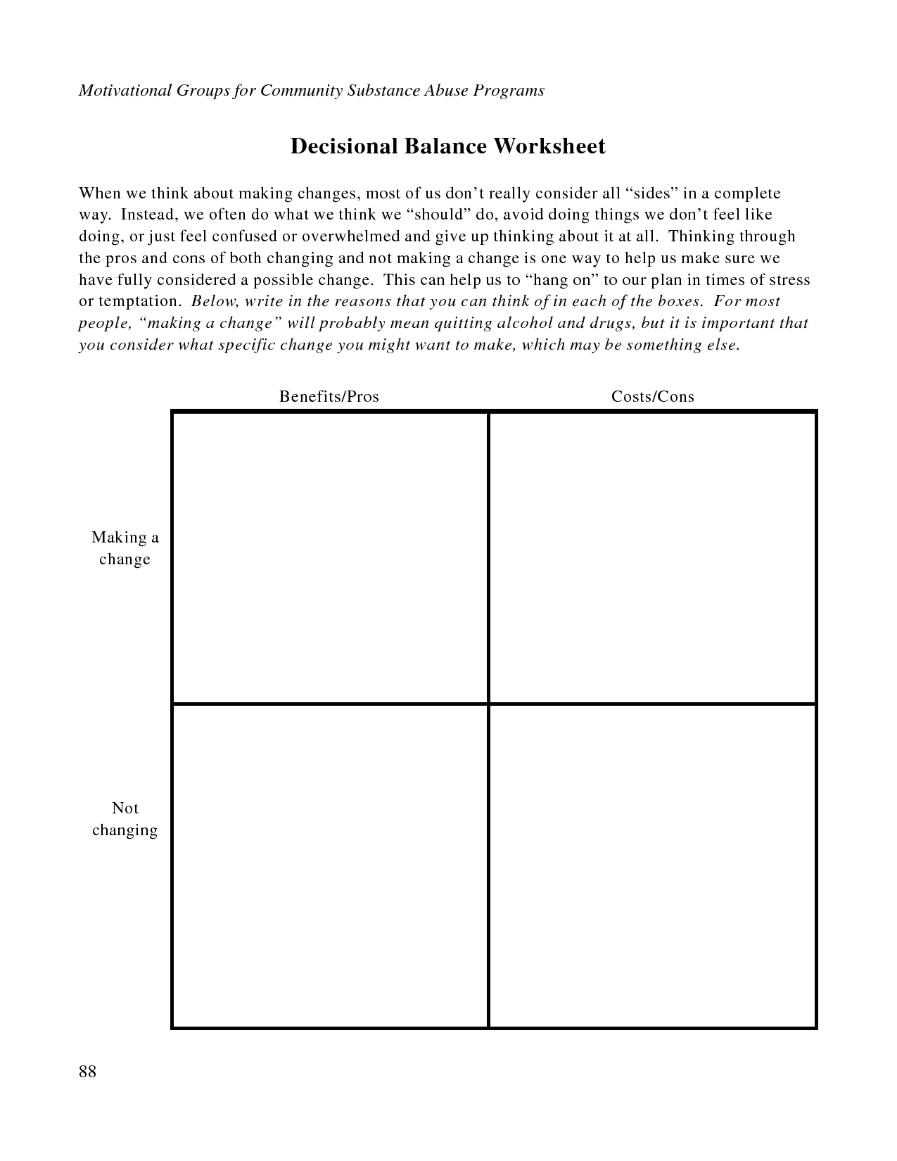 Free Printable Dbt Worksheets | Decisional Balance Worksheet - Pdf | Free Printable Therapy Worksheets