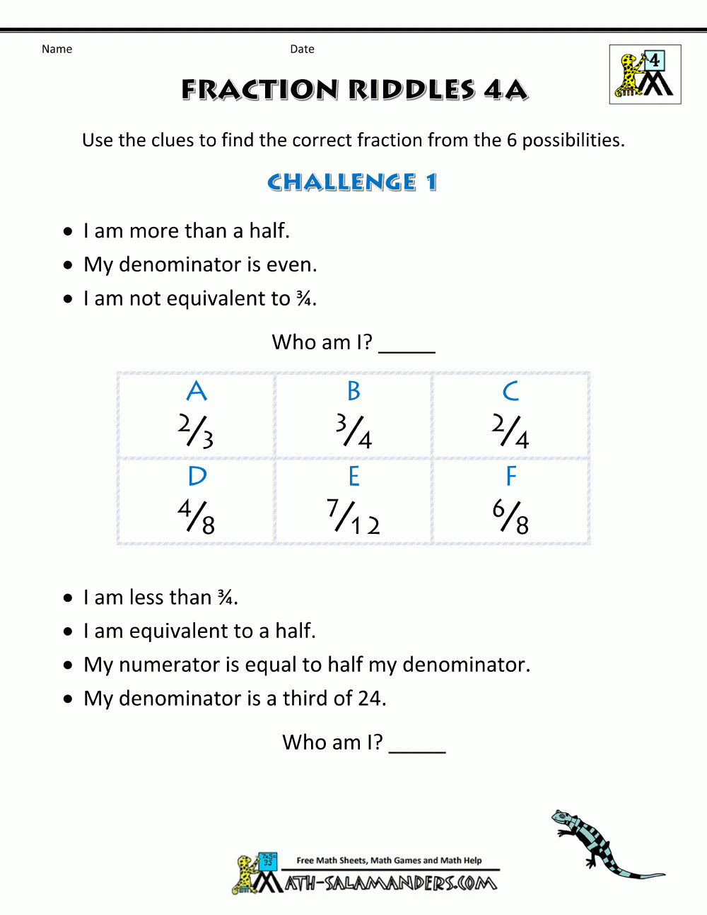 Free Printable Fraction Worksheets - Fraction Riddles (Harder) | Math Worksheets For 5Th Grade Fractions Printable