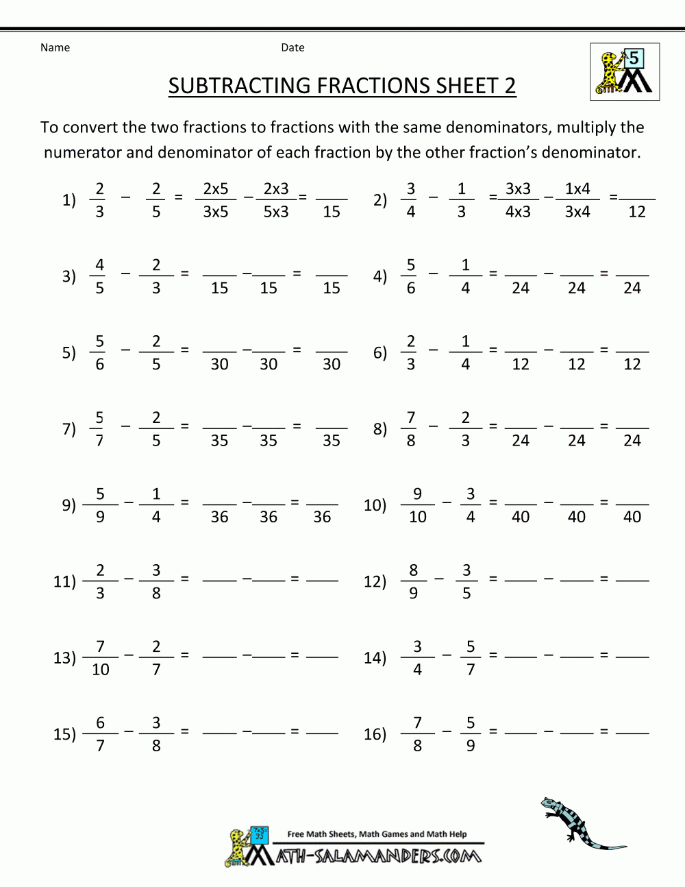 Free Printable Fraction Worksheets Subtracting Fractions 2 | Math | Free Printable Worksheets For 5Th Grade
