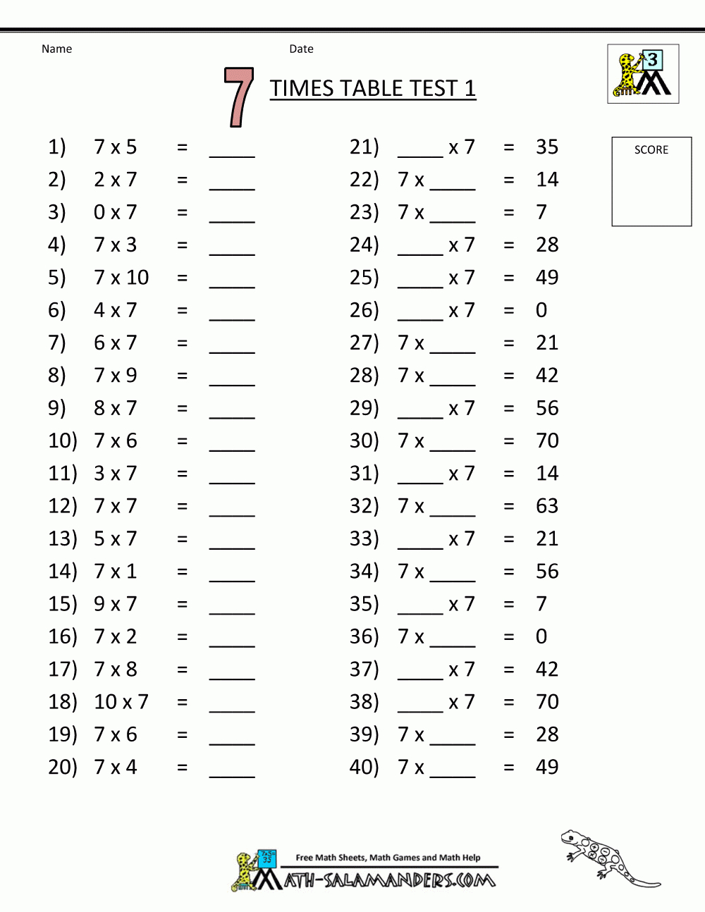 Free Printable Math Sheets 7 Times Table Test 1 | Korrutustabel | Year 7 Worksheets Free Printable