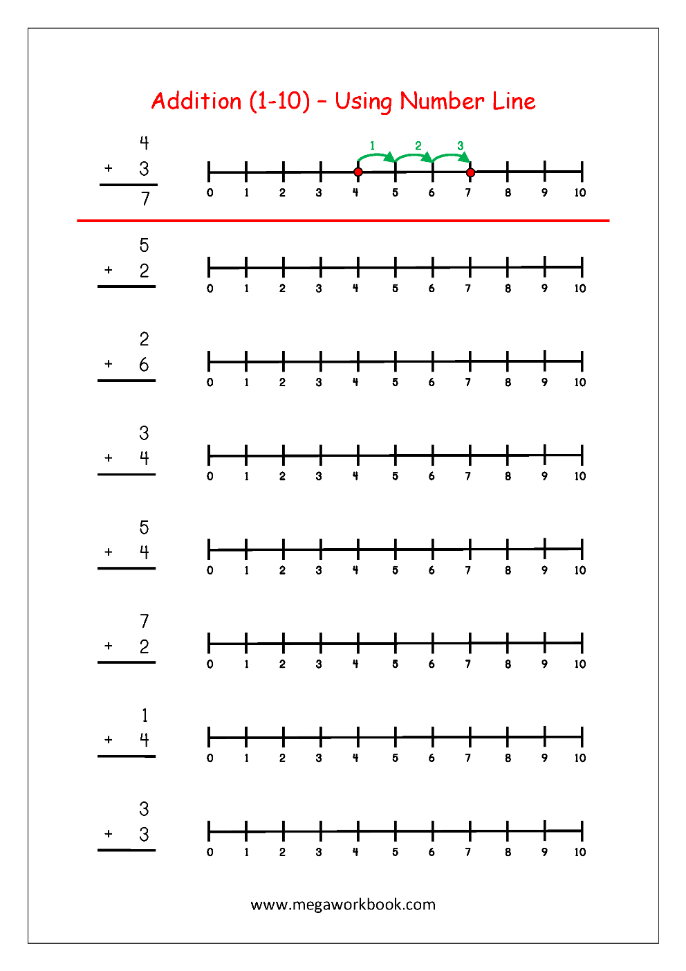 Free Printable Number Addition Worksheets (1-10) For Kindergarten | Free Printable Number Line Worksheets