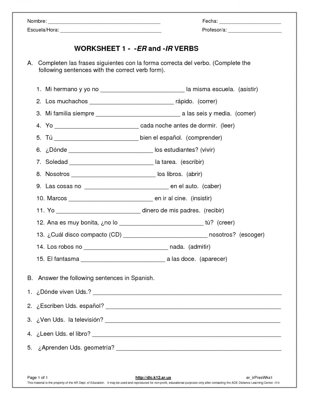 kindergarten spanish printable worksheets