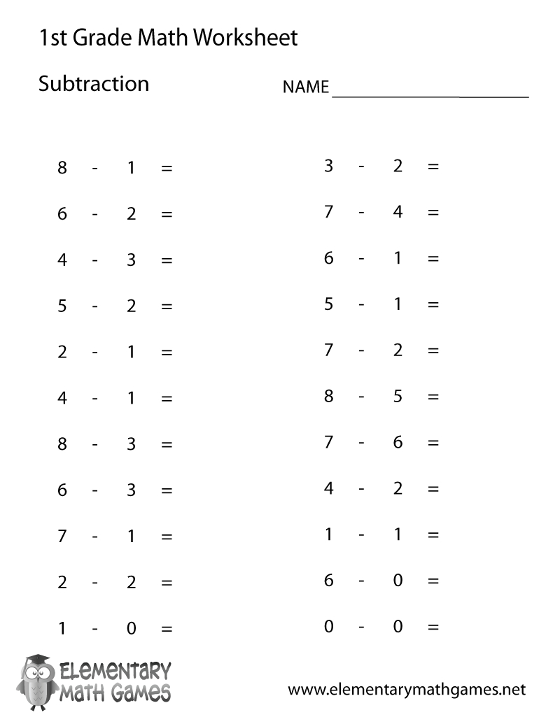 Free Printable Subtraction Worksheet For First Grade | First Grade Math Worksheets Printable