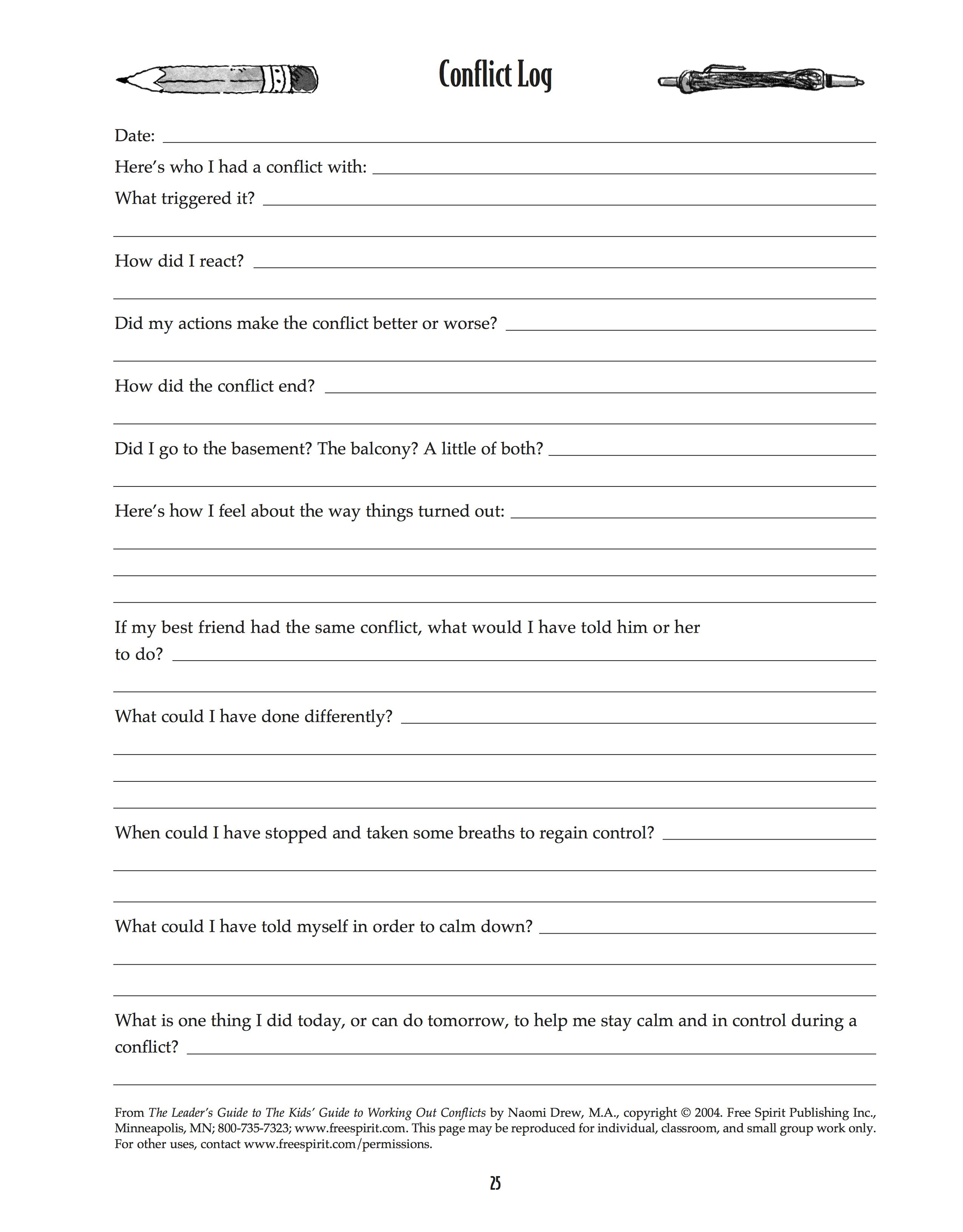 Free Printable Worksheet: Conflict Log. Help Kids Understand And | Free Printable Homework Worksheets