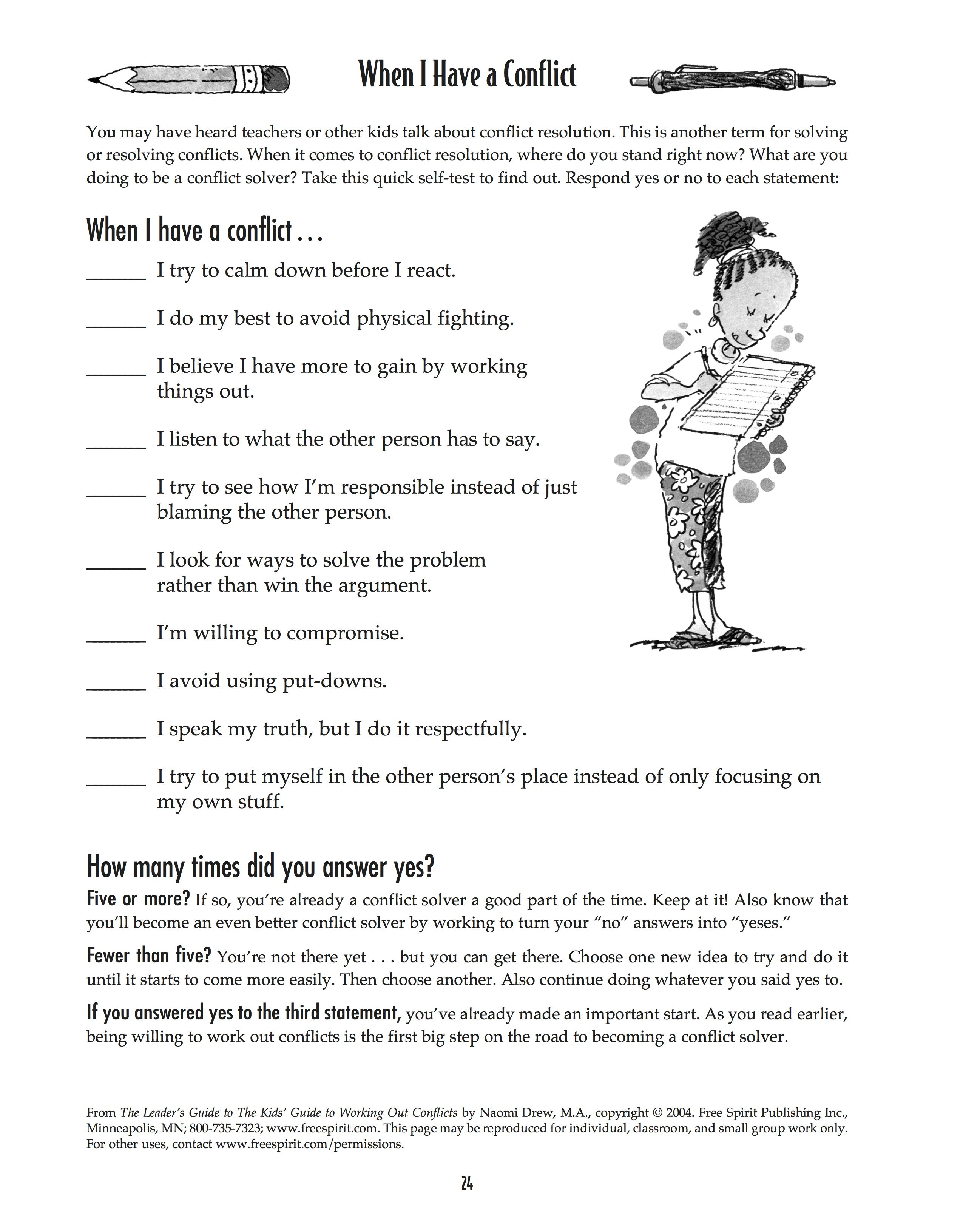 Free Printable Worksheet: When I Have A Conflict. A Quick Self-Test | Free Printable Social Stories Worksheets