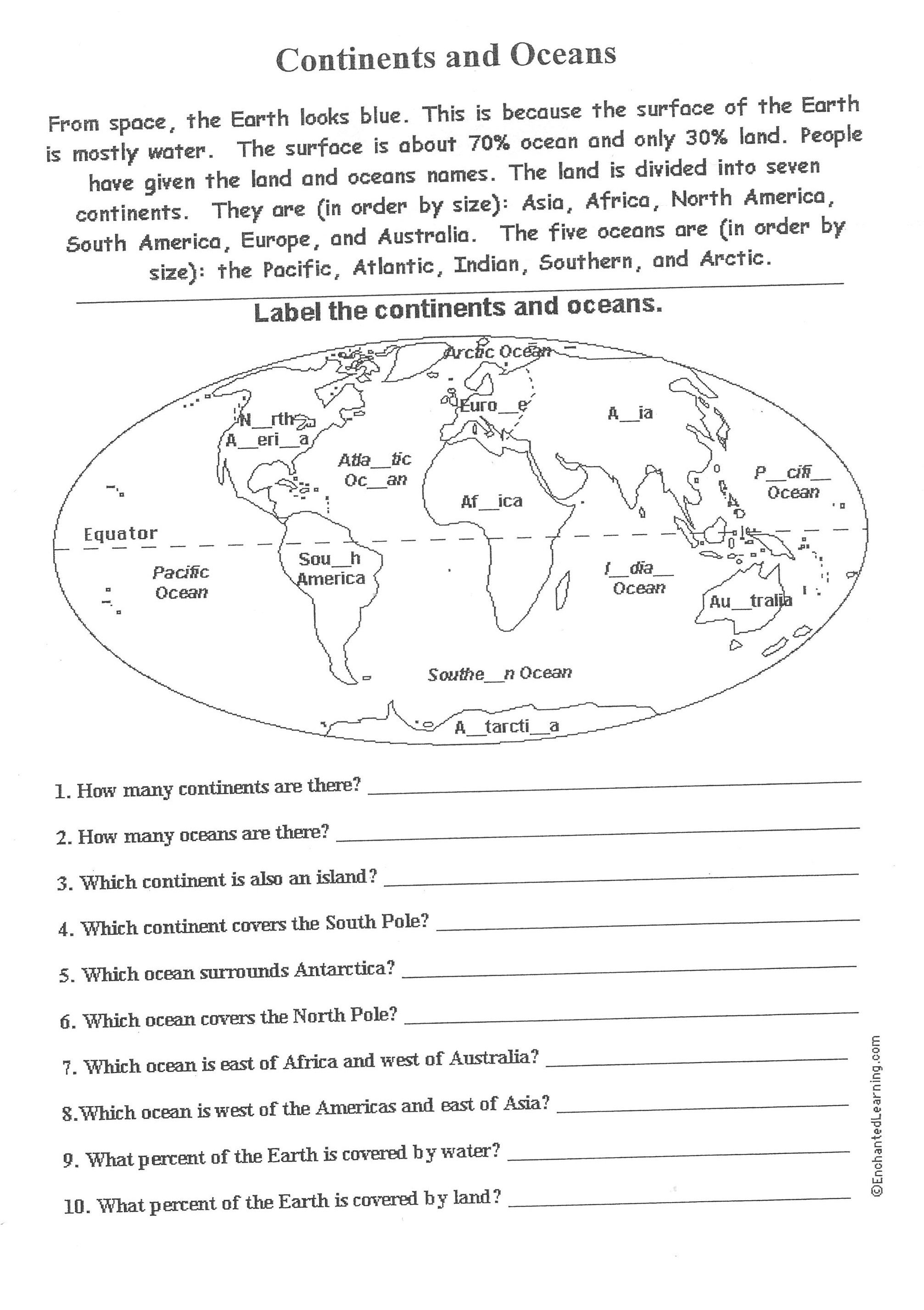 Free Continents And Oceans Worksheets