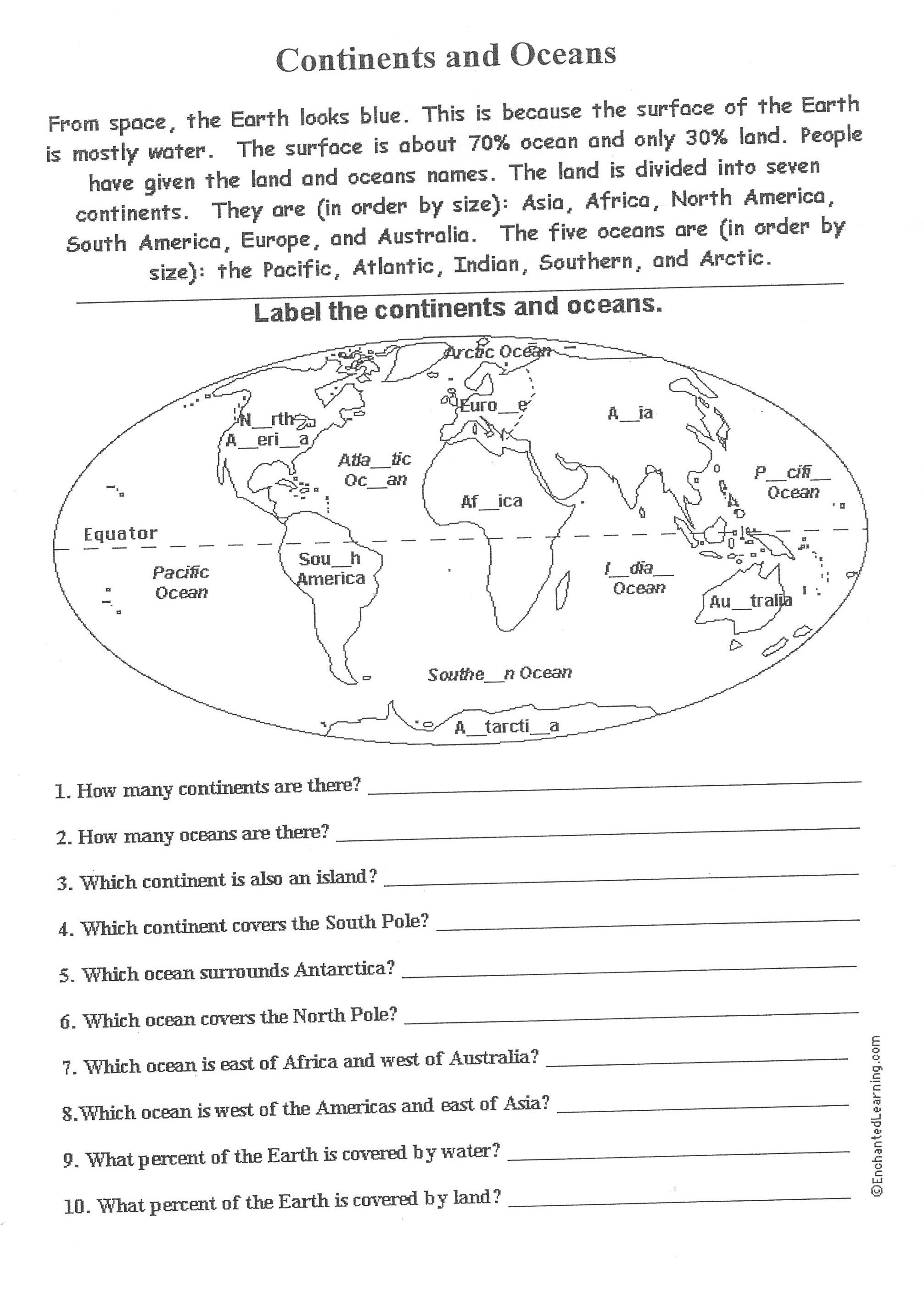 Free Printable Worksheets On Continents And Oceans - Google Search | Free Printable World Map Worksheets