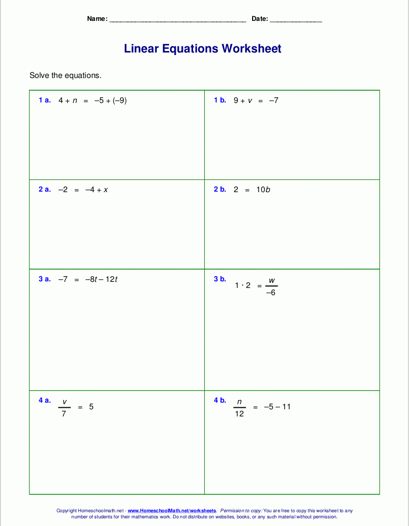 Free Worksheets For Linear Equations (Grades 6-9, Pre-Algebra | Free Printable Algebra Worksheets Grade 6
