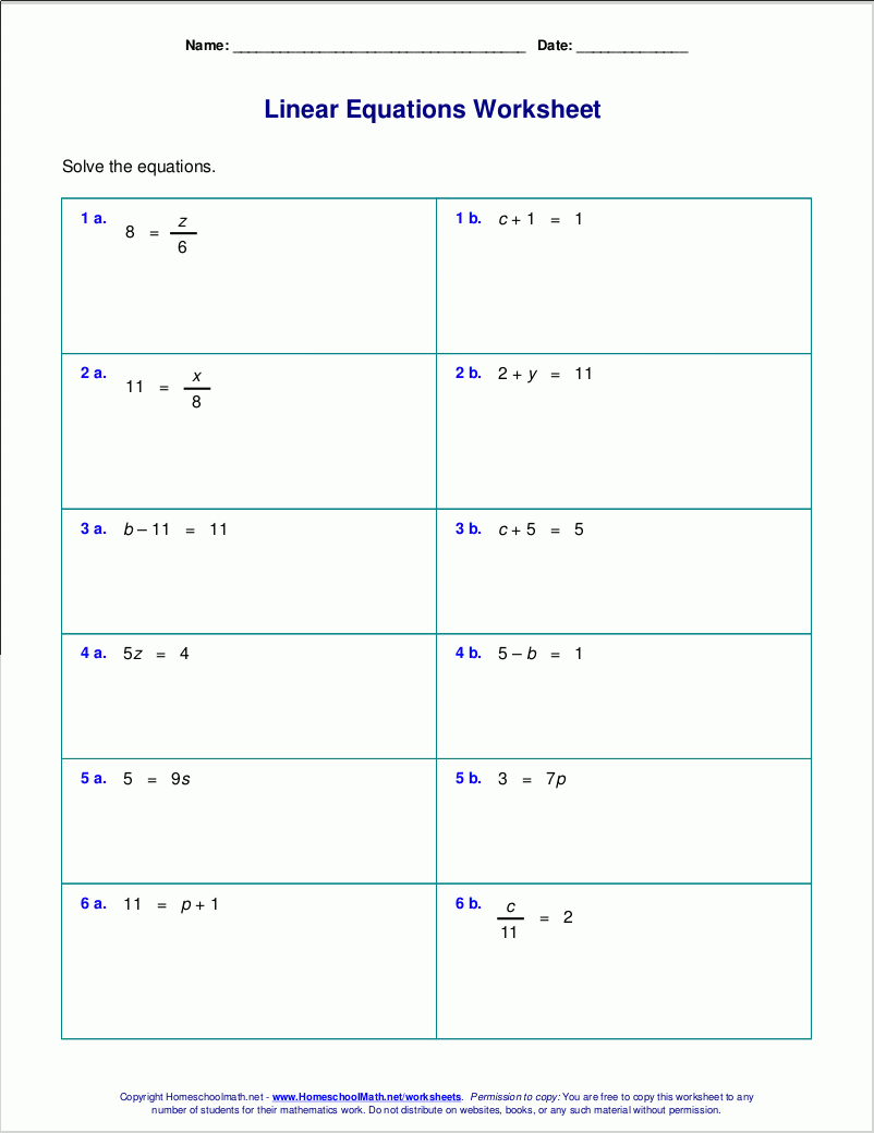 Free Worksheets For Linear Equations (Grades 6-9, Pre-Algebra | Free Printable Multiplication Worksheets For 6Th Grade