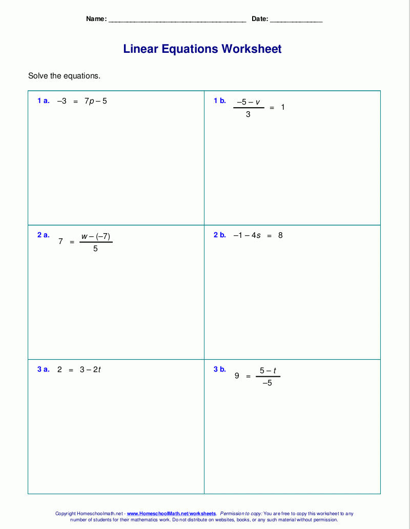 Free Worksheets For Linear Equations (Grades 6-9, Pre-Algebra | Printable Equation Worksheets