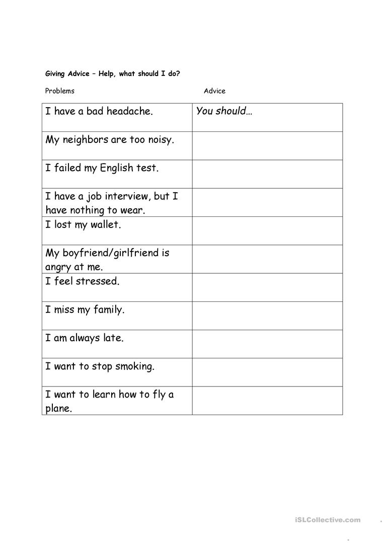 Giving Advice Using Should Worksheet Worksheet - Free Esl Printable | Giving Advice Printable Worksheets