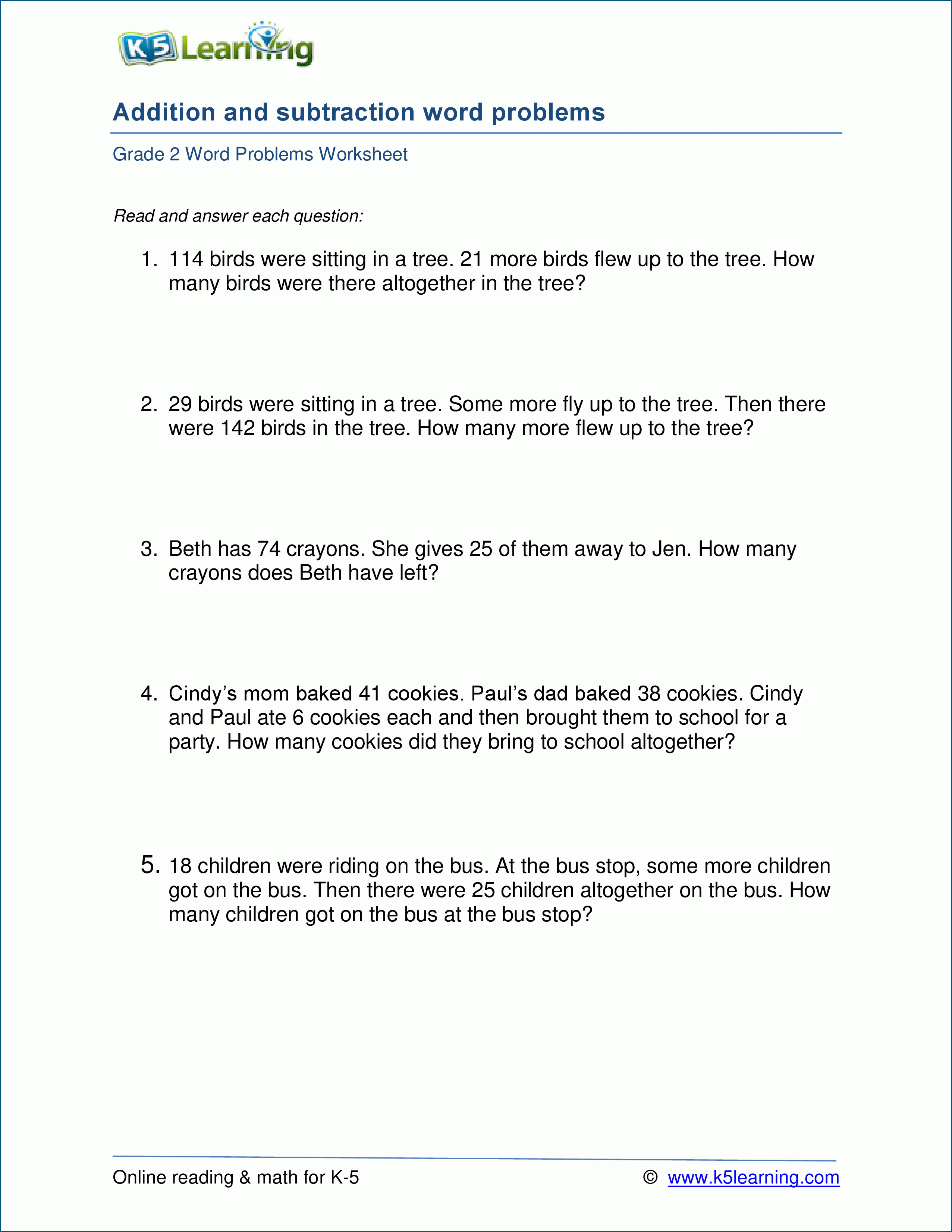 Grade 2 Mixed Addition &amp;amp; Subtraction Word Problem Worksheets | K5 | K5 Learning Printable Worksheets
