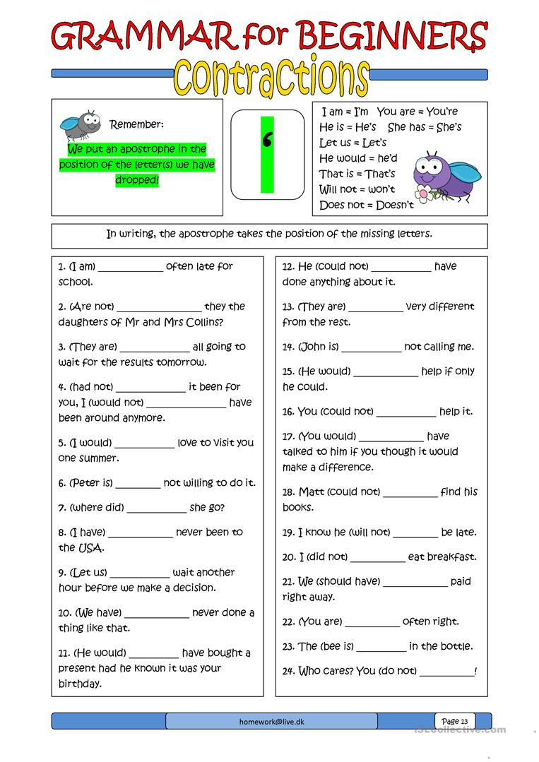 Grammar For Beginners: Contractions Worksheet - Free Esl Printable | Grammar Worksheets High School Printables