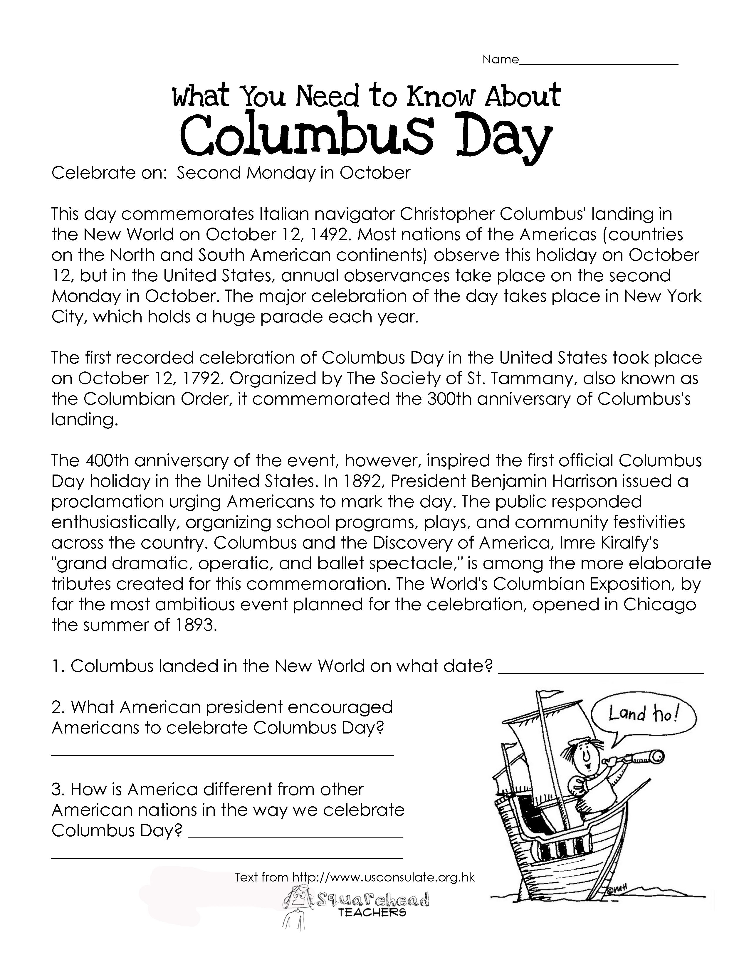 Here&amp;#039;s An Easy Free Comprehension Worksheet About The History Of | Columbus Day Worksheets Printable
