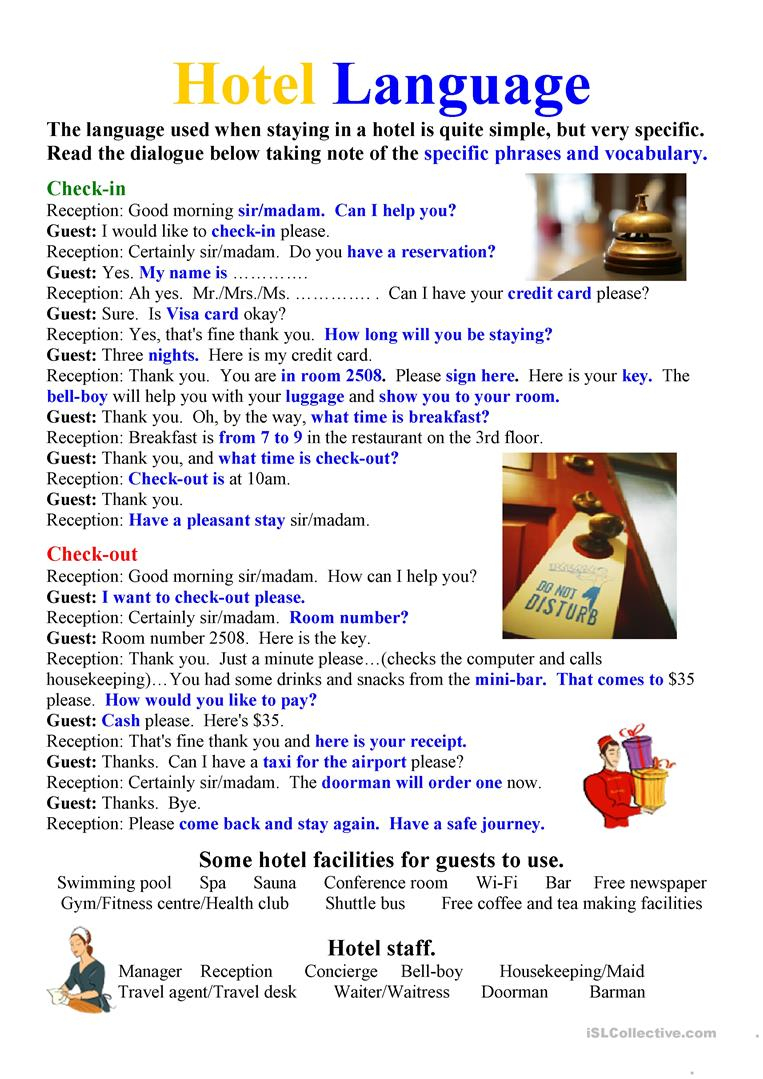 Hotel Language Worksheet - Free Esl Printable Worksheets Made | Hospitality Worksheets Printable