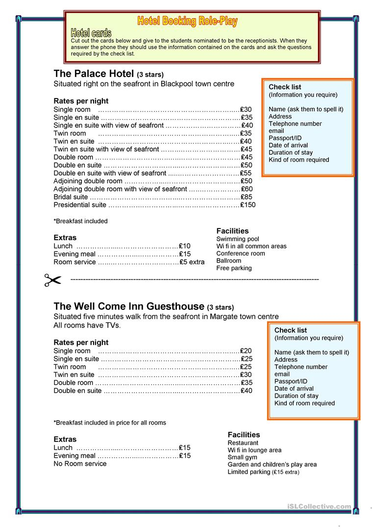 Hotel Reservation Worksheet - Free Esl Printable Worksheets Made | Hospitality Worksheets Printable