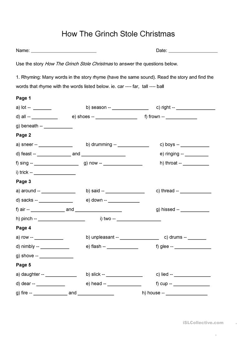 How The Grinch Stole Christmas - Rhyming And Comprehension Worksheet | Free Printable Grinch Worksheets