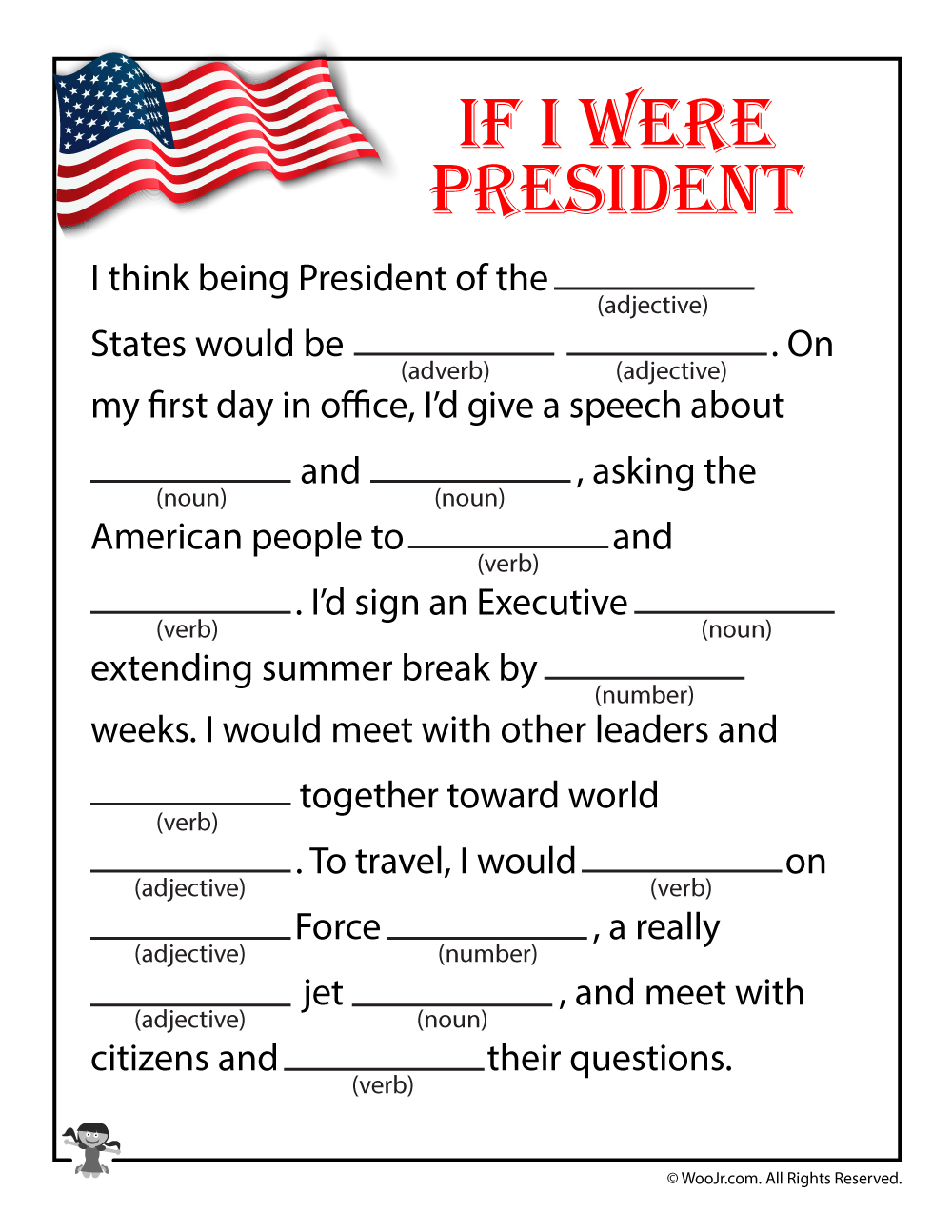 If I Were President Mad Lib For Kids | Woo! Jr. Kids Activities | If I Were President Printable Worksheet