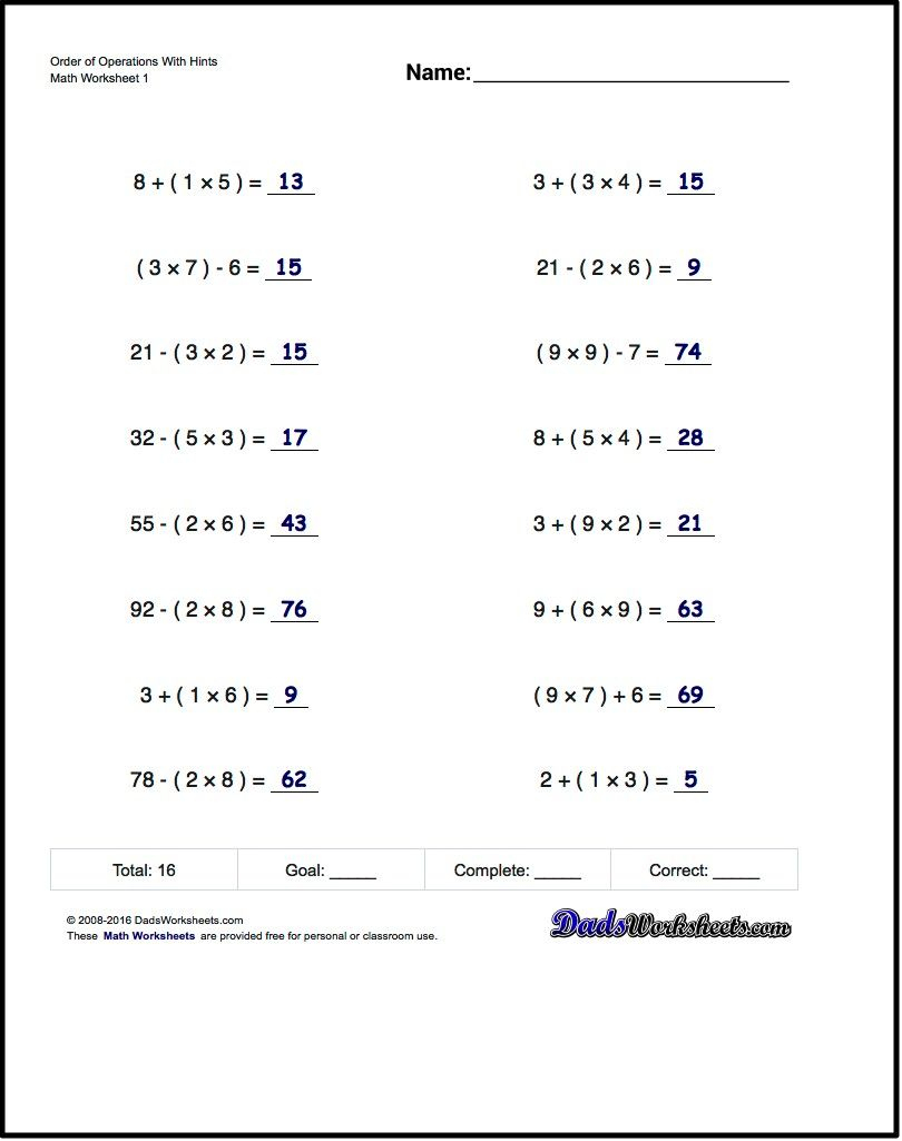 Math Worksheets 5Th Grade Complex Calculations Printable Pemdas 