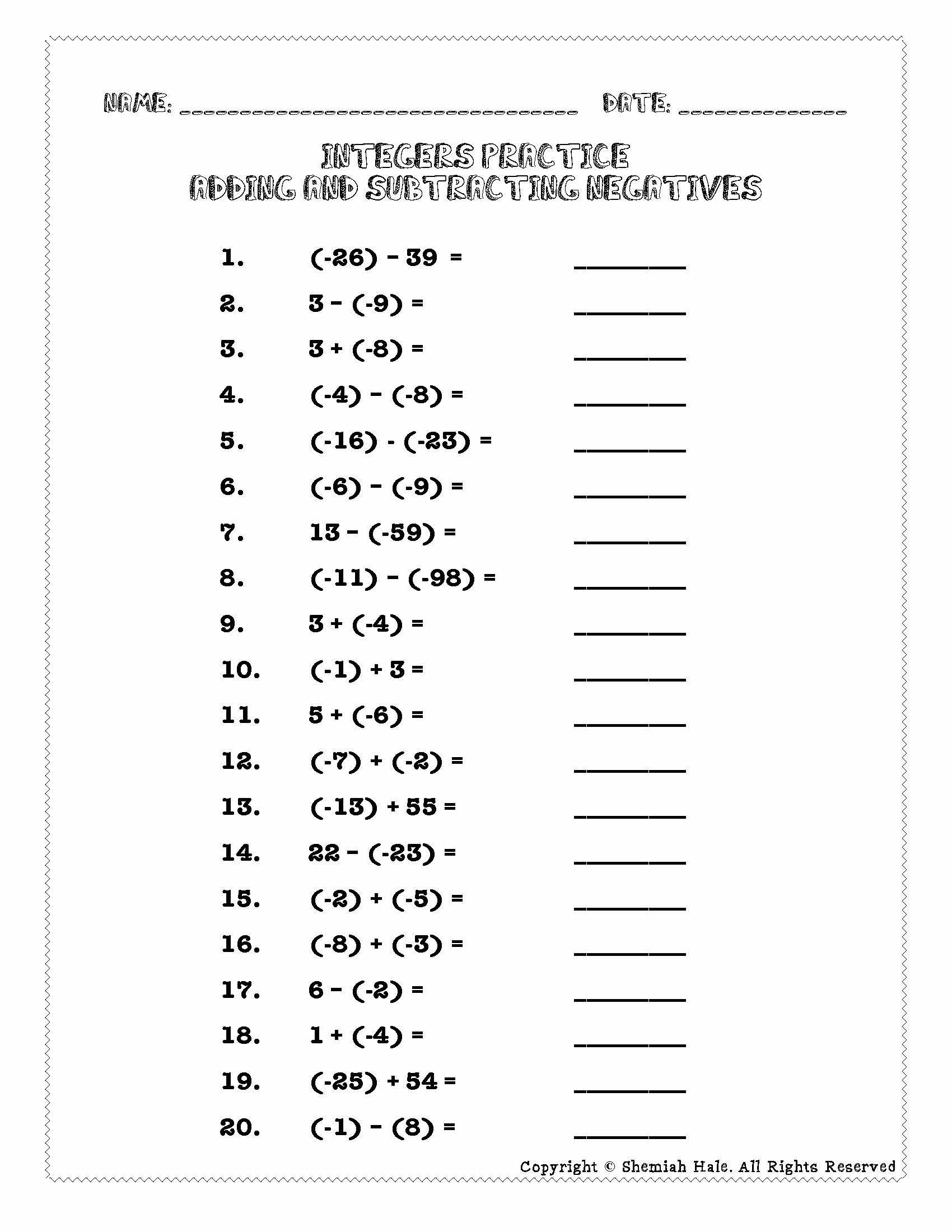 Worksheet On Addition Of Integers