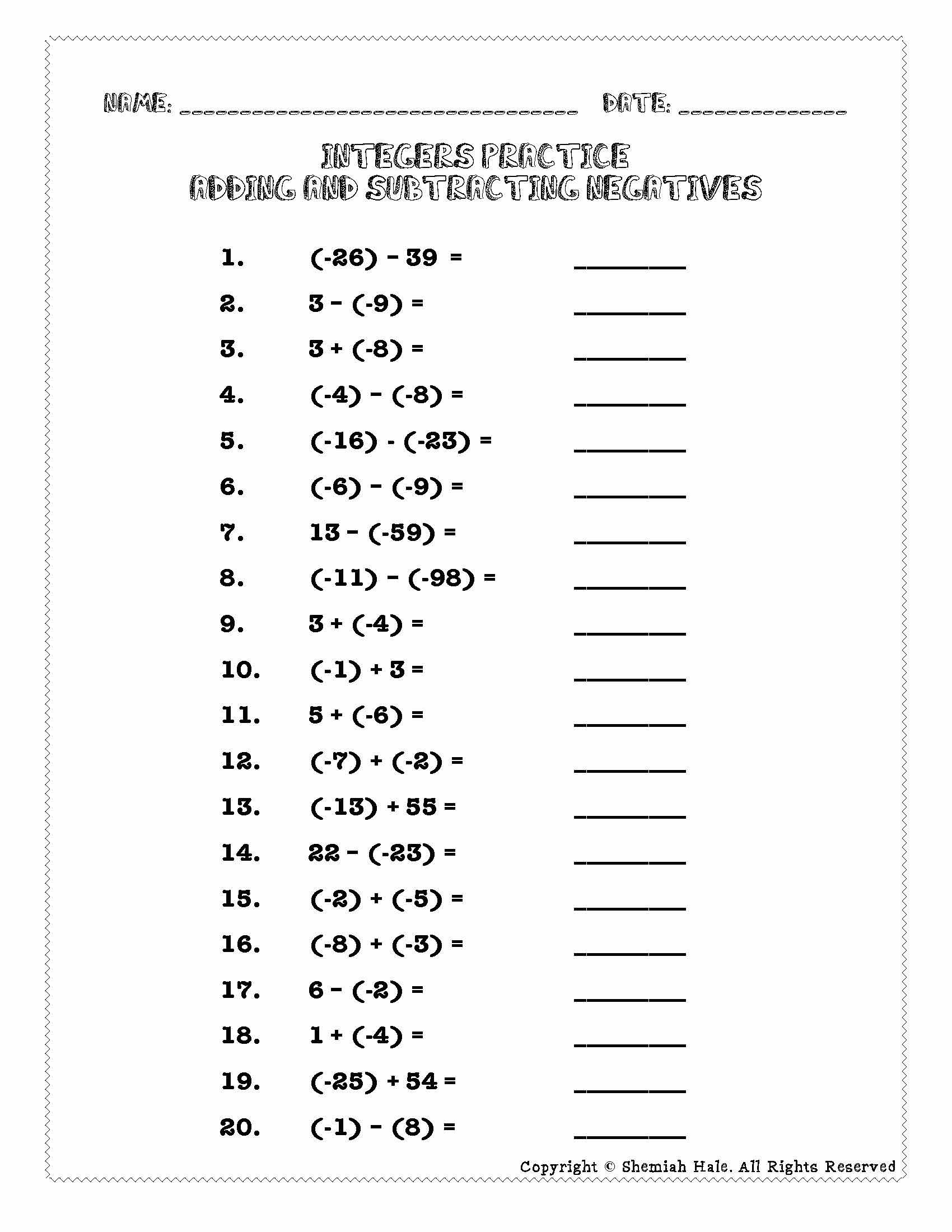 Integers Rules Number Line Notes And Practice Problems Worksheets Free Printable Integer 