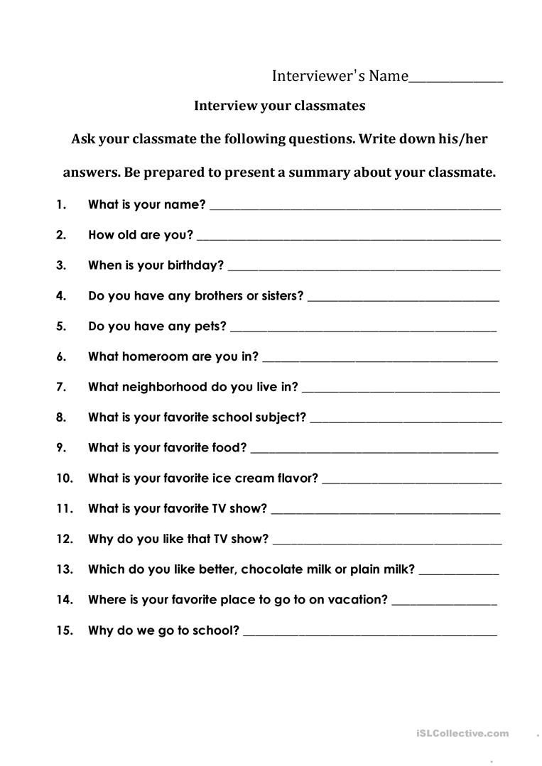 Interviewing Your Classmates Worksheet - Free Esl Printable - Free | Free Printable Worksheets For Highschool Students