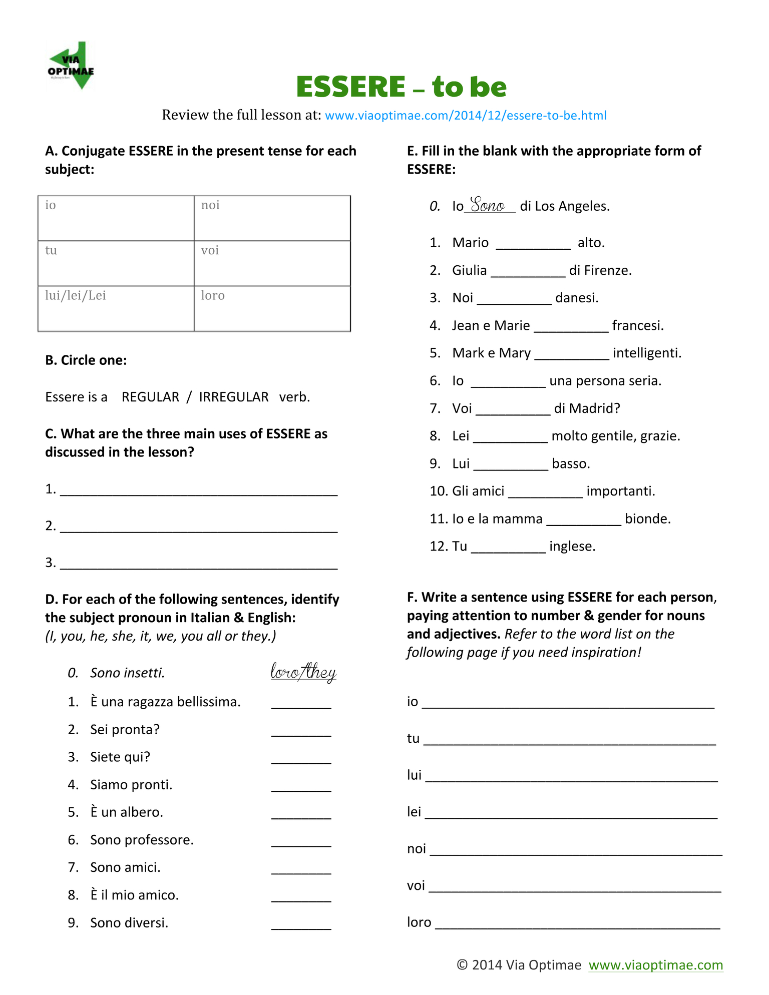 Math Worksheet Italian Grammar Vocabulary And Homework Exercises Italian Worksheets For