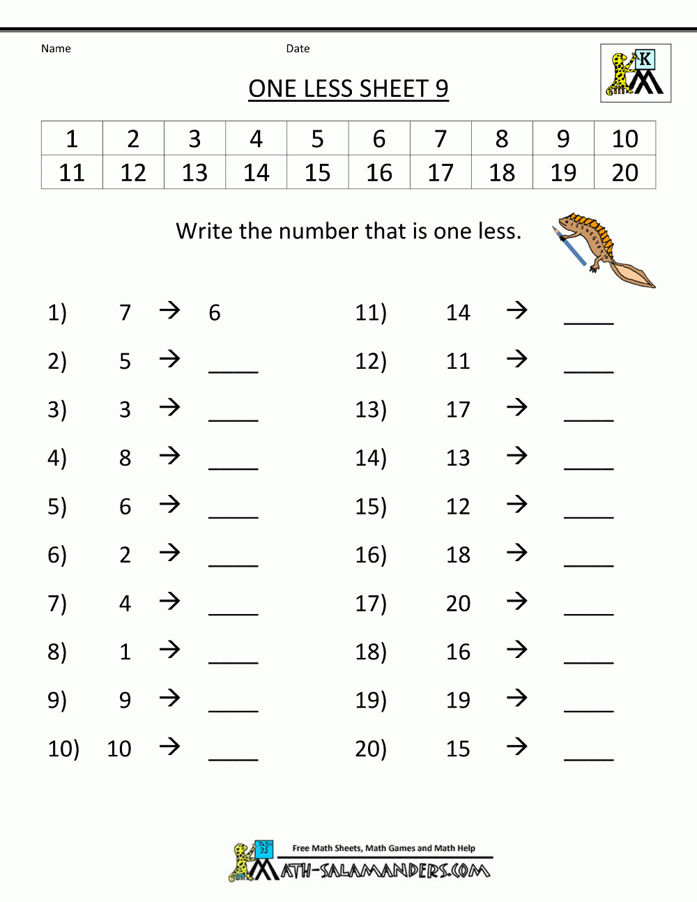 Kindergarten Math Printable Worksheets - One Less | Printable Math Worksheets For Toddlers
