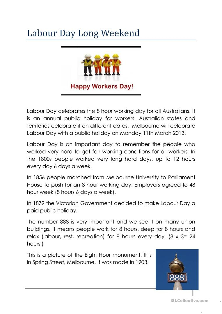 Labour Day In Australia Worksheet - Free Esl Printable Worksheets | Free Printable Labor Day Worksheets