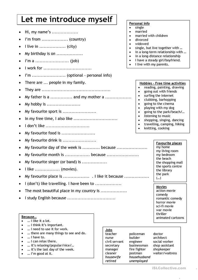 Let Me Introduce Myself (For Adults) Worksheet - Free Esl Printable | Printable Getting To Know You Worksheets