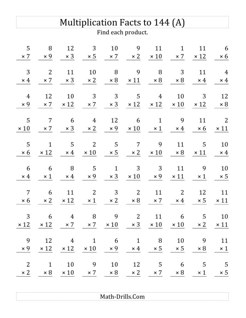 Math : Multiplication Facts To 144 No Zeros A Multiplication | Basic Facts Worksheets Printable