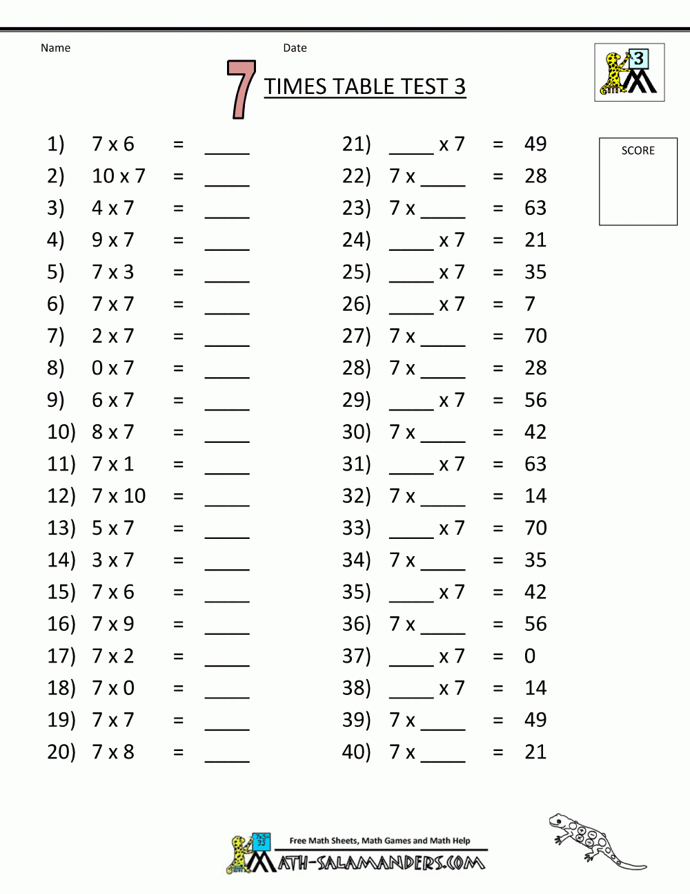 Math Worksheets 3Rd Grade 7 Times Table Test 3 | Korrutustabel | 3Rd | Multiplication Table Worksheets Printable