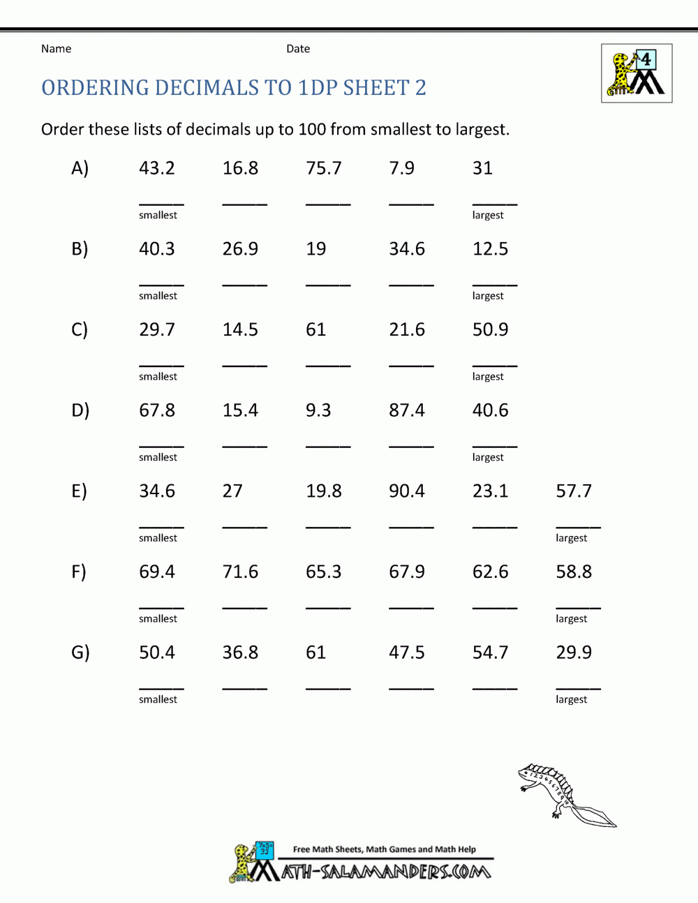 Math Worksheets 4Th Grade Ordering Decimals To 2Dp | Place Value Worksheets 4Th Grade Free Printable