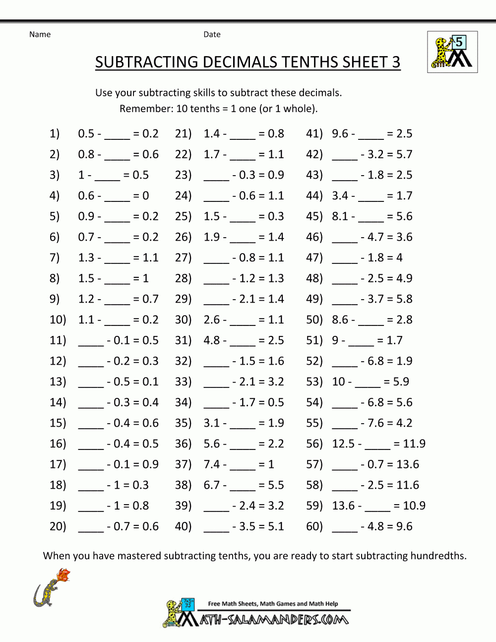 Math Worksheets Decimals Subtraction | Printable Math Worksheets Grade 5