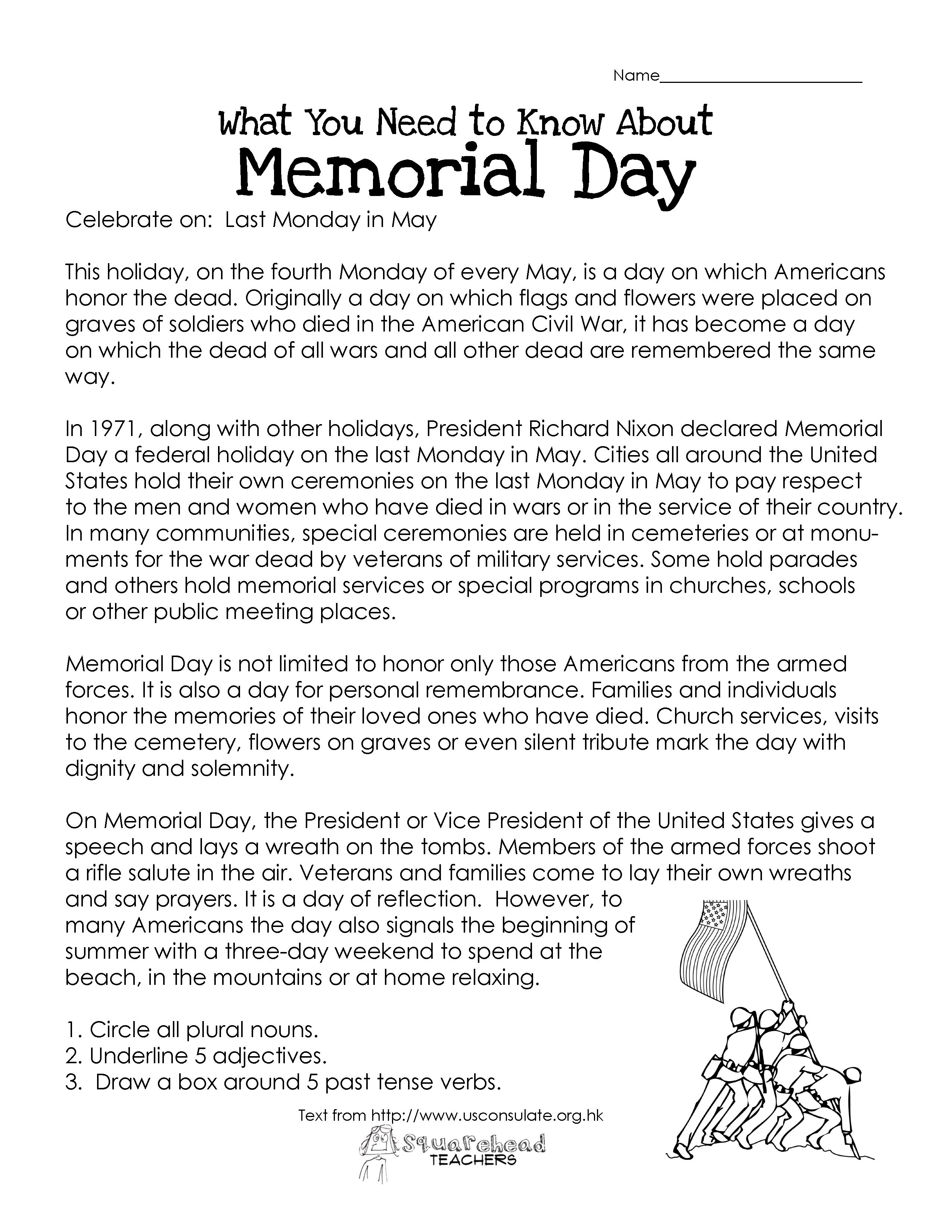 Memorial Day (Free Worksheet) | Squarehead Teachers. Repinnedsos | Memorial Day Free Printable Worksheets