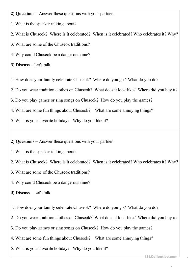 Mini Conversation Lesson On Korean Chuseok Worksheet - Free Esl | Printable Korean Language Worksheets