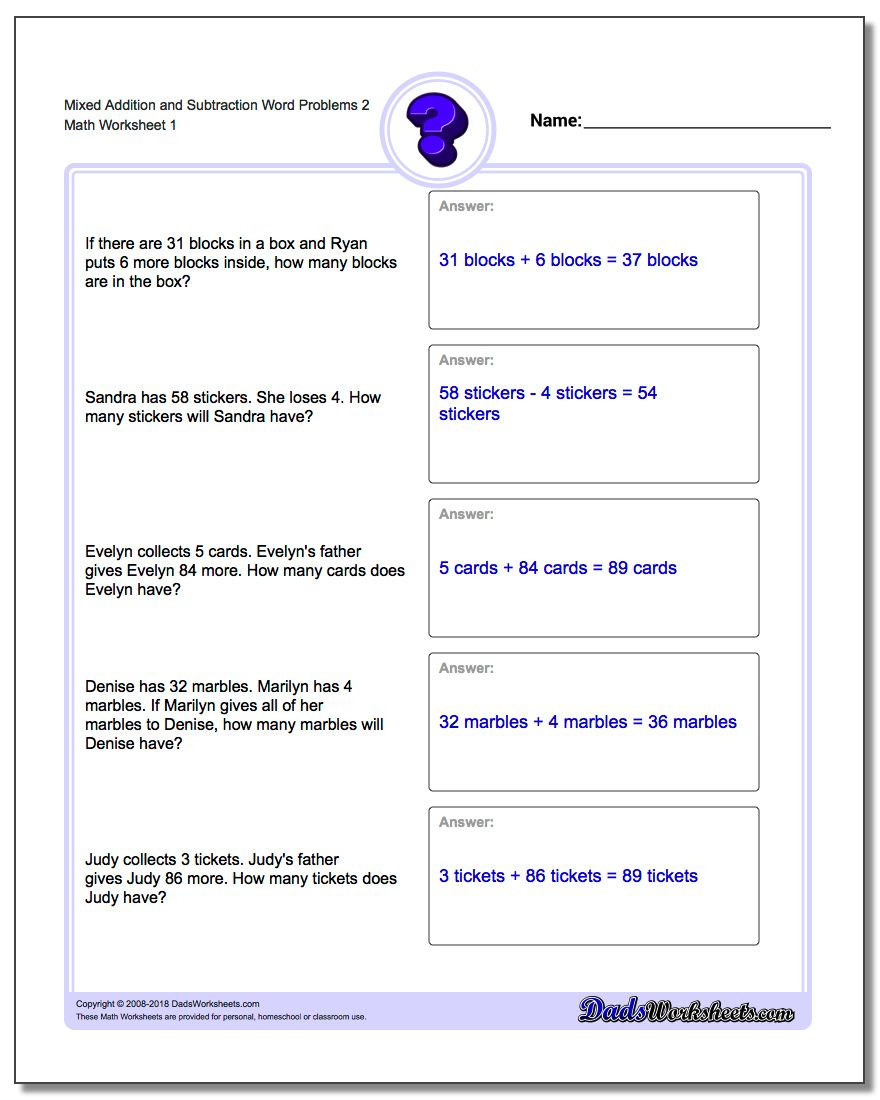 Mixed Addition And Subtraction Word Problems | Grade 2 Math Word Problems Printable Worksheets