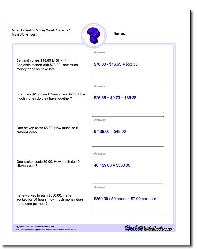 Money Word Problems Worksheet Mixed Operation! Mixed Operation Money | Free Printable Money Word Problems Worksheets