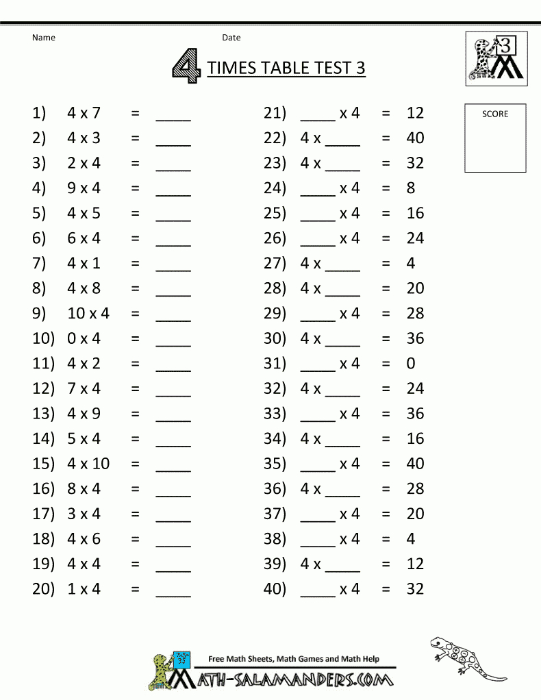 Multiplication/division Drill Sheets 4 Times Table Test | Education | Division Drill Worksheets Printable