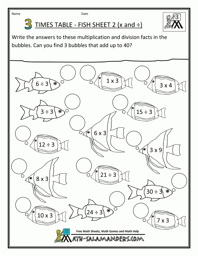 Multiplication Fact Sheet 3 Times Table Fish 2 | Hs Math | Fun Math | Free Printable 2 Times Tables Worksheets