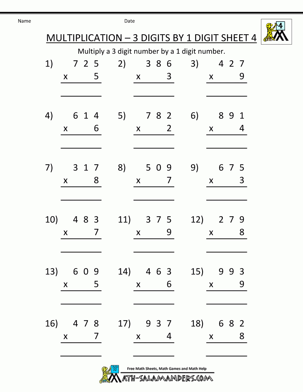Multiplication Sheet 4Th Grade | 3 Digit By 1 Digit Multiplication Worksheets Printable