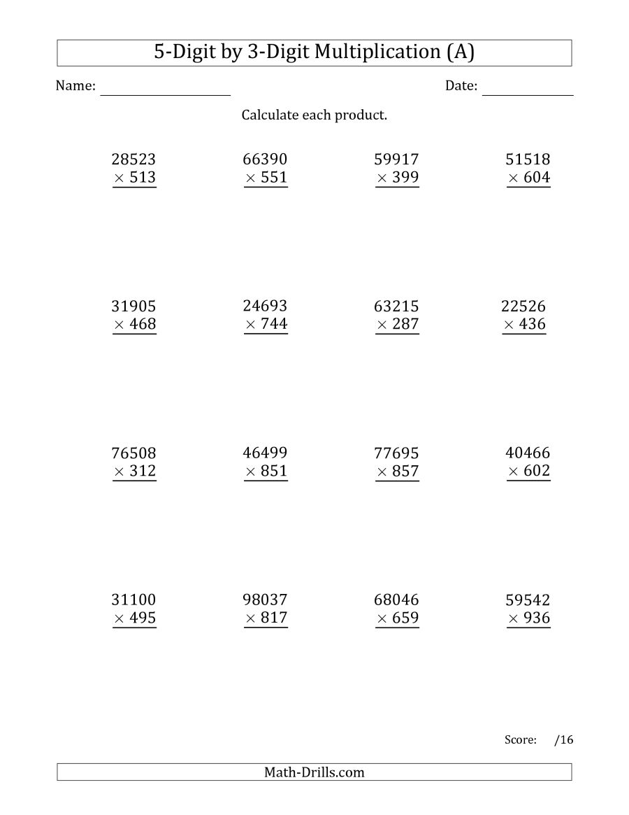 Multiplying 5-Digit3-Digit Numbers (A) | 3 Digit Multiplication Worksheets Printable