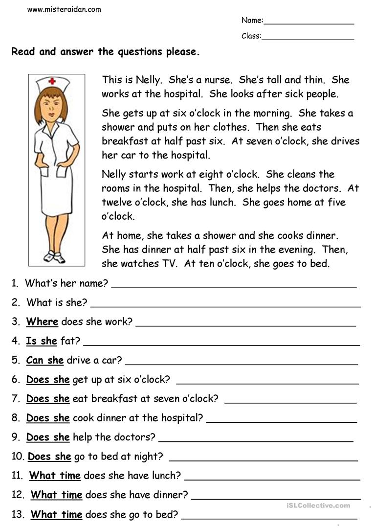 Nelly The Nurse - Reading Comprehension Worksheet - Free Esl | Printable Reading Comprehension Worksheets