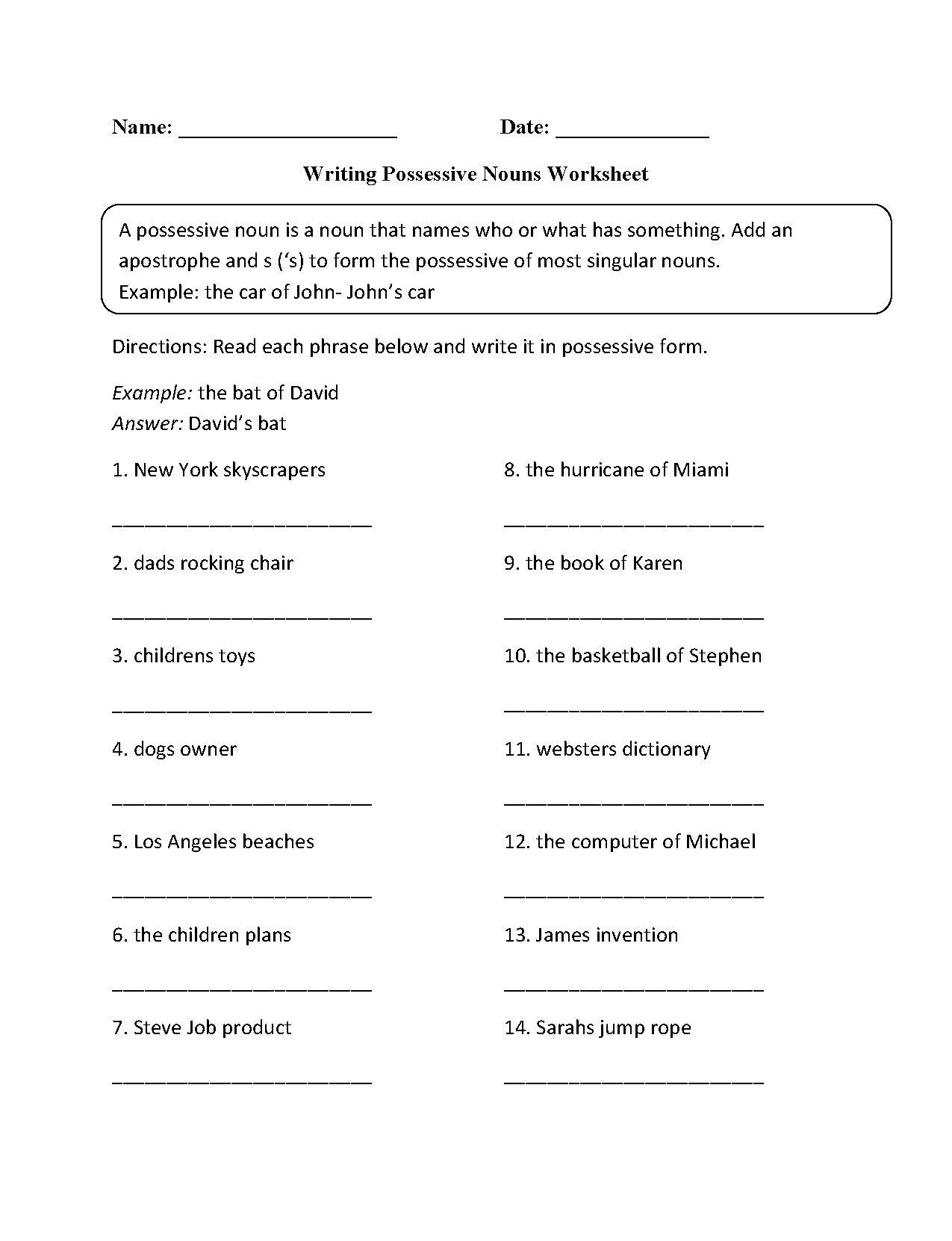 Nouns Worksheets | Possessive Nouns Worksheets | Possessive Nouns Printable Worksheets