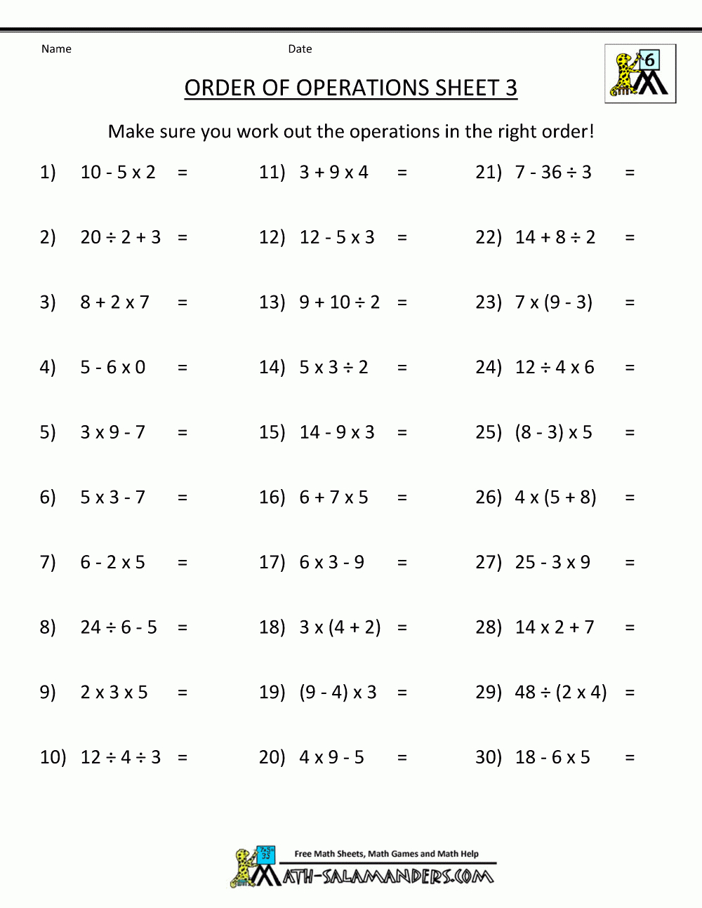 Pemdas Worksheets Order Of Operations 3 | Math 1 | Math | Free Printable Math Worksheets 6Th Grade Order Operations