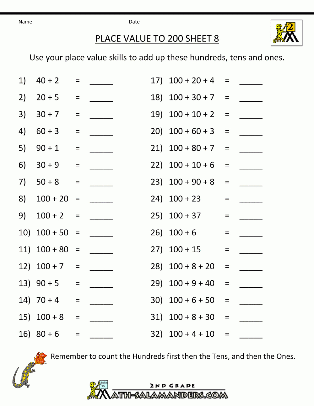 Place Value Worksheet - Numbers To 200 | Free Printable Place Value Worksheets For First Grade