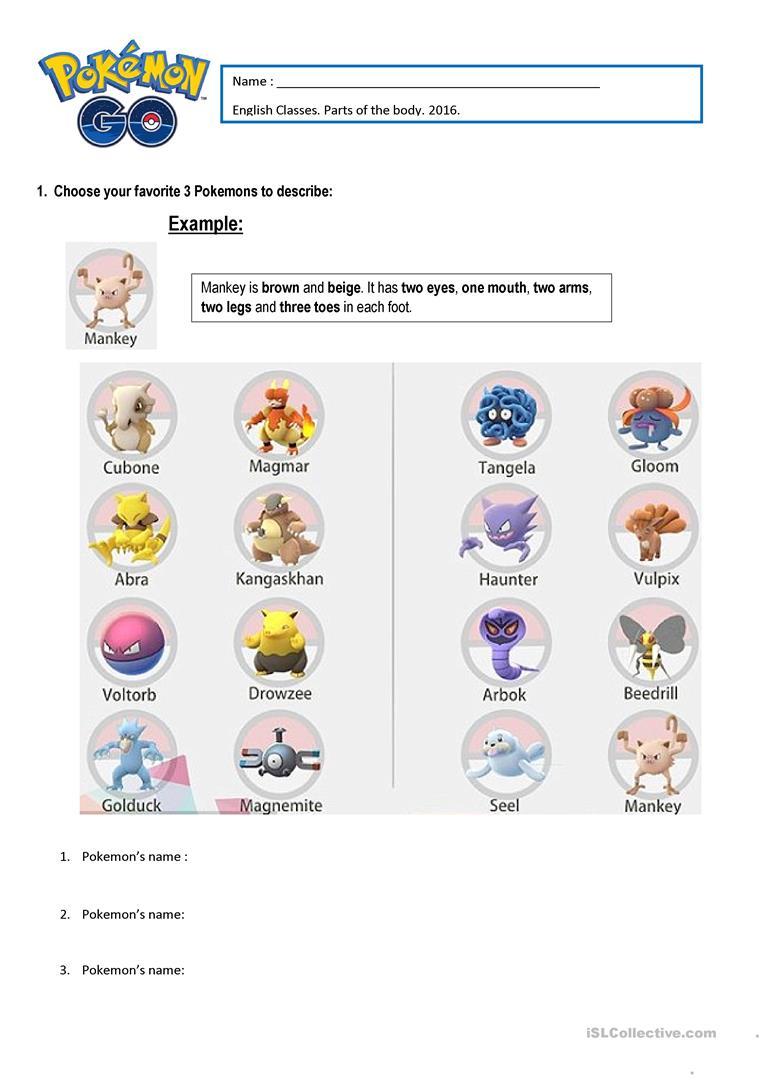 Pokémon Parts Of The Body Worksheet - Free Esl Printable Worksheets | Pokemon Worksheets Printable