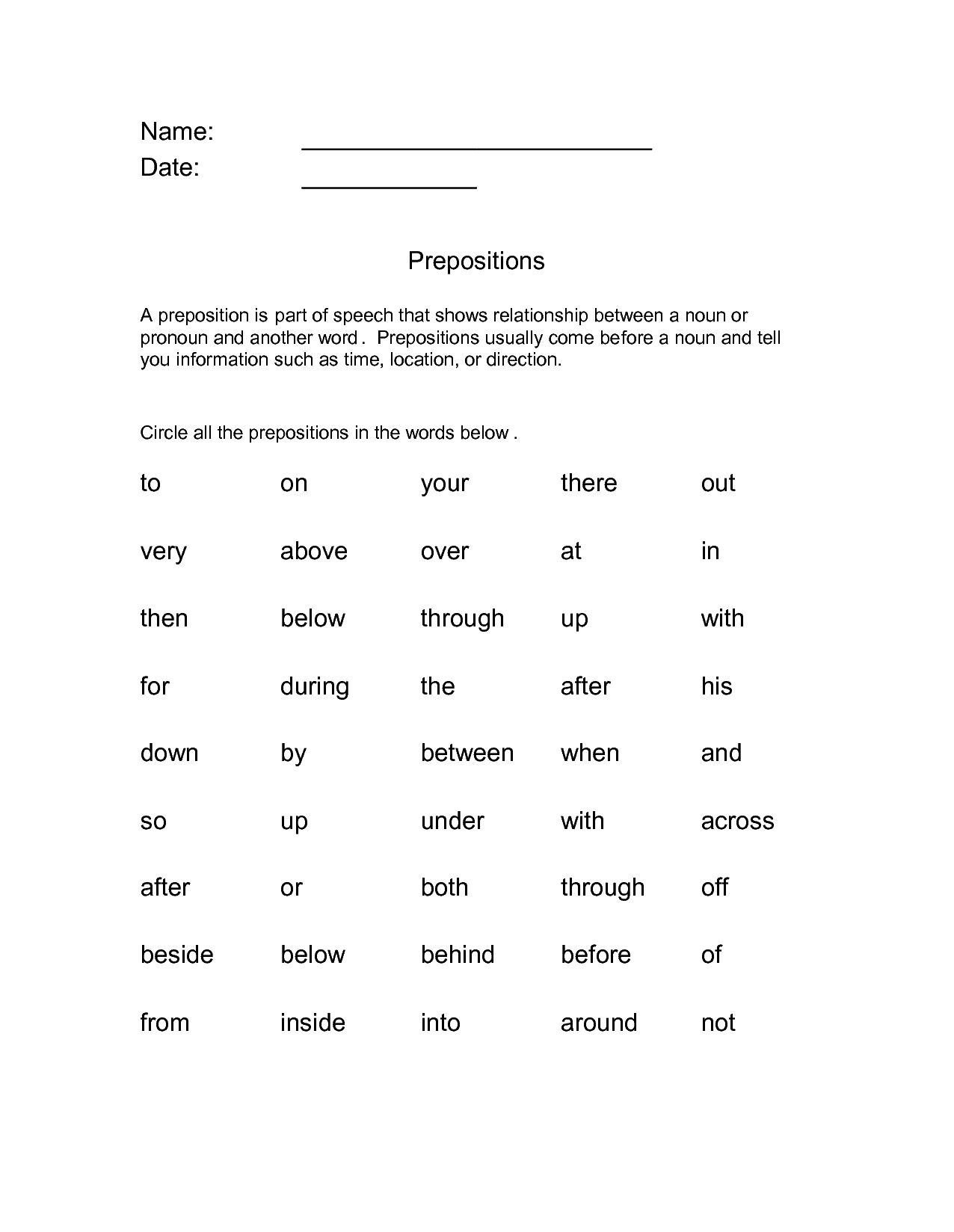 Preposition Worksheets | Prepositional Phrase Worksheet - Download | Printable Preposition Worksheets