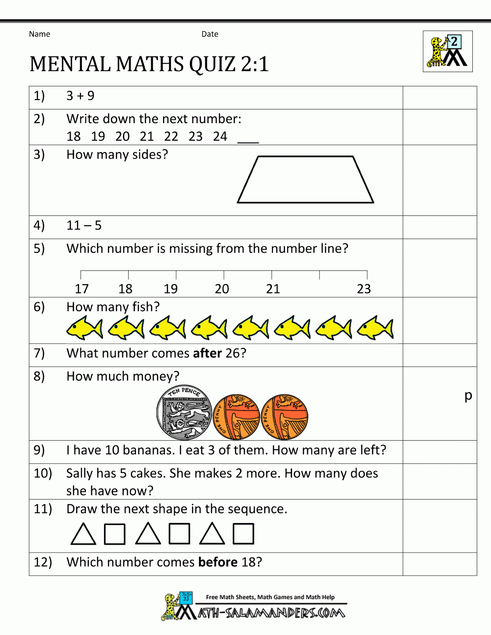 Printable Mental Maths Year 2 Worksheets | Test Worksheets Printable