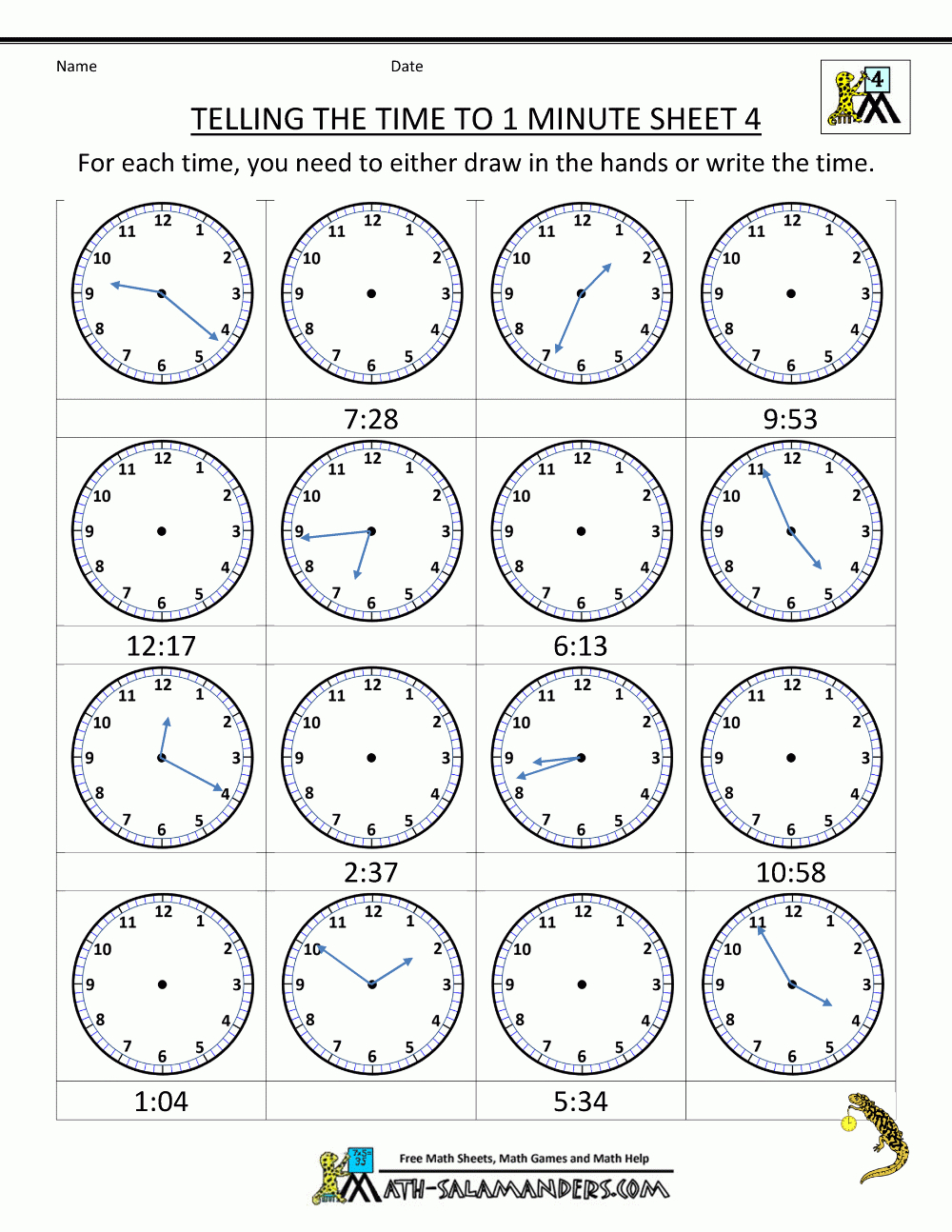 Printable Time Worksheets Telling The Time To 1 Min 4 | Worksheets | Telling Time Worksheets Printable